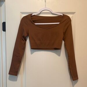 Amazon Brown Workout Crop Top with Long Sleeves